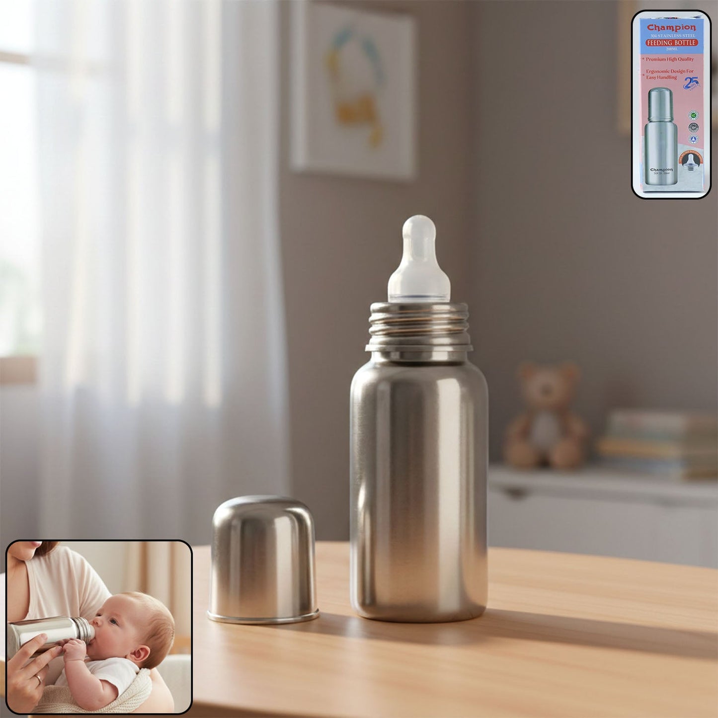 200ml stainless steel baby feeding bottle with silicone nipple