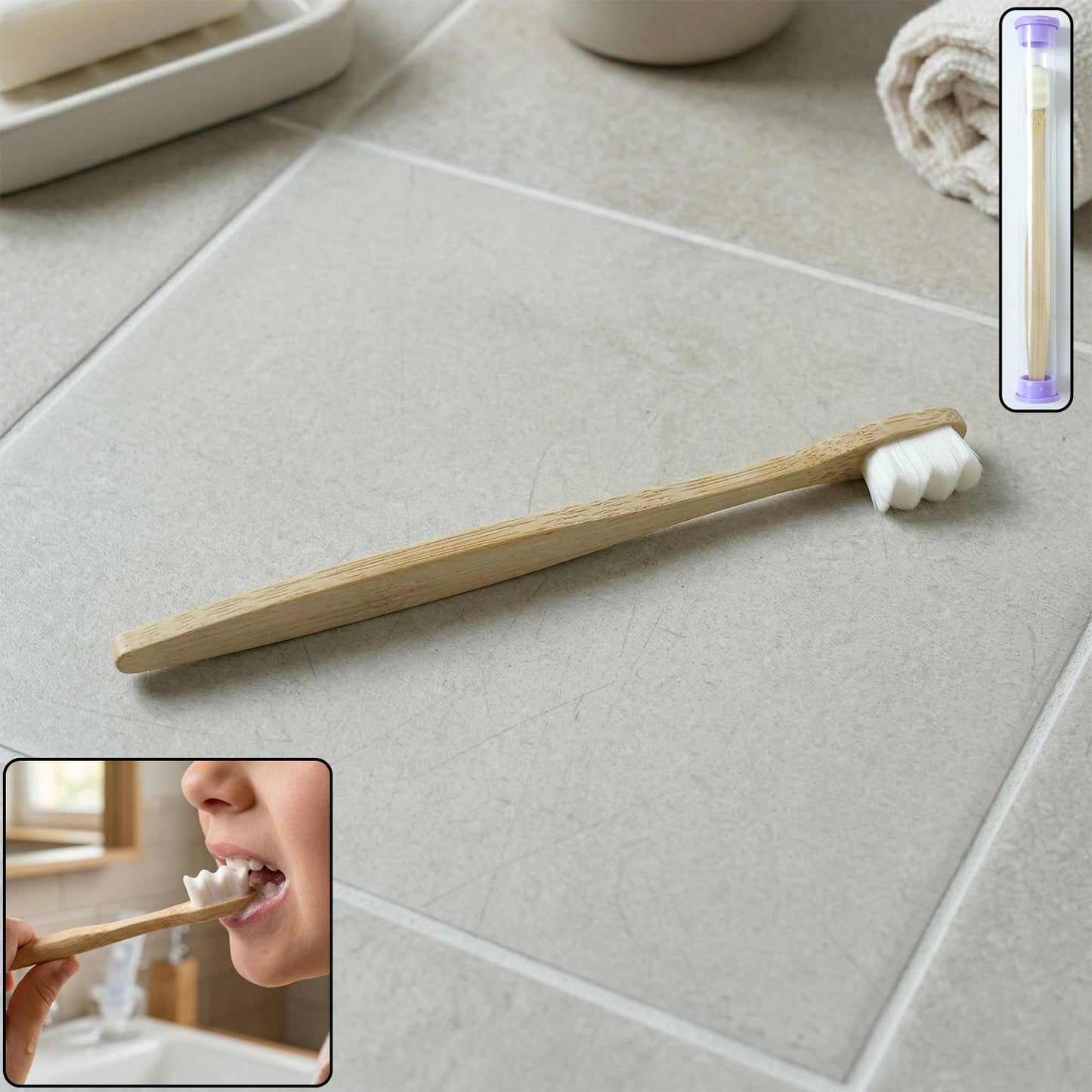 Wooden handle tooth cleaning brush