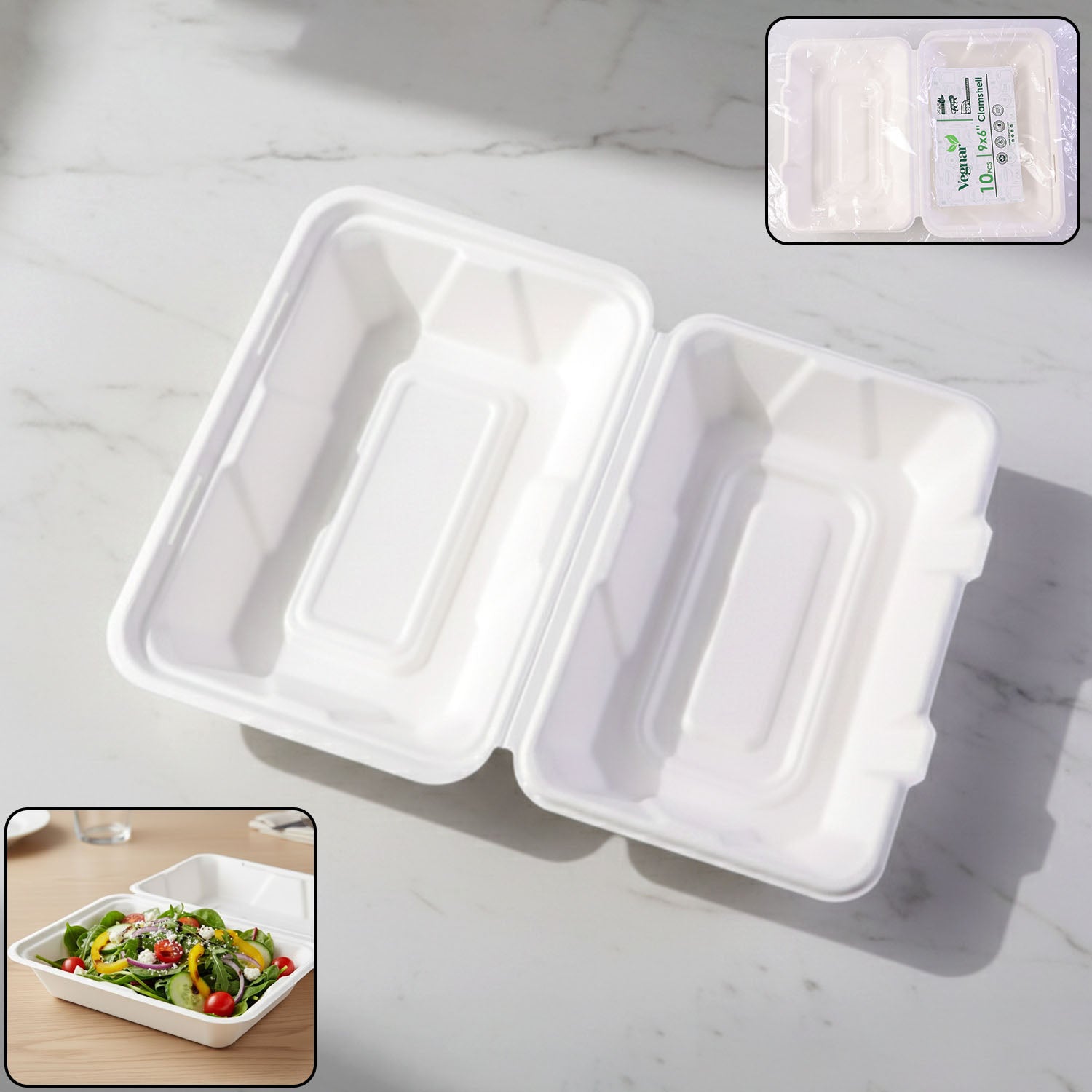 Vegnar premium bagasse clamshell food box 9x6 inch