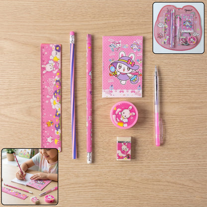 7-In-1 Cute Pink Stationery Set with Ruler, Pencil, Eraser, Pen, Notebook, Sharpener