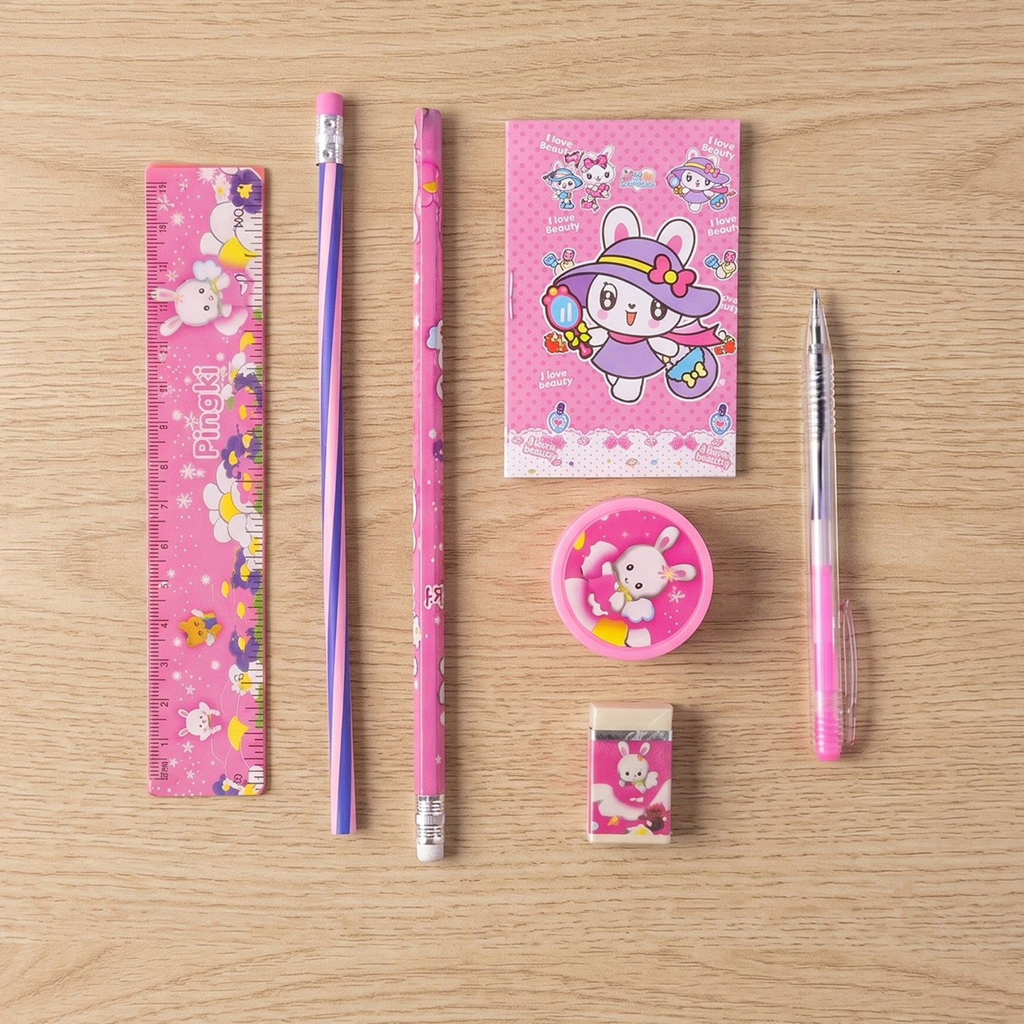 7-In-1 Cute Pink Stationery Set with Ruler, Pencil, Eraser, Pen, Notebook, Sharpener