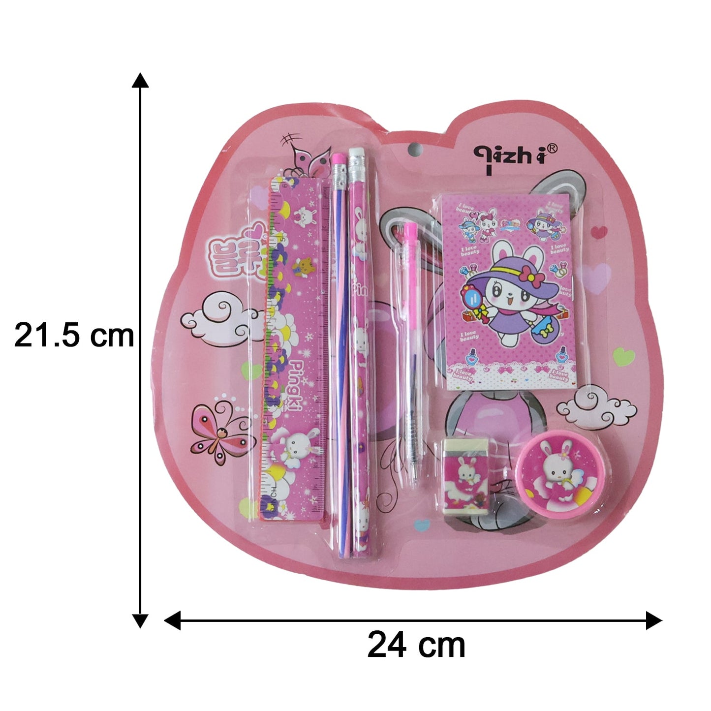 7-In-1 Cute Pink Stationery Set with Ruler, Pencil, Eraser, Pen, Notebook, Sharpener