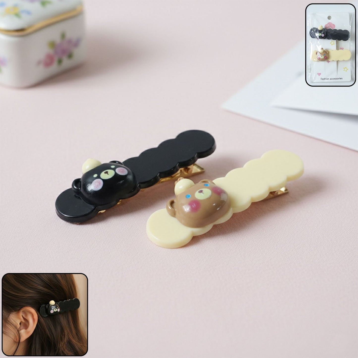 Cute teddy hair clips set 2 pieces