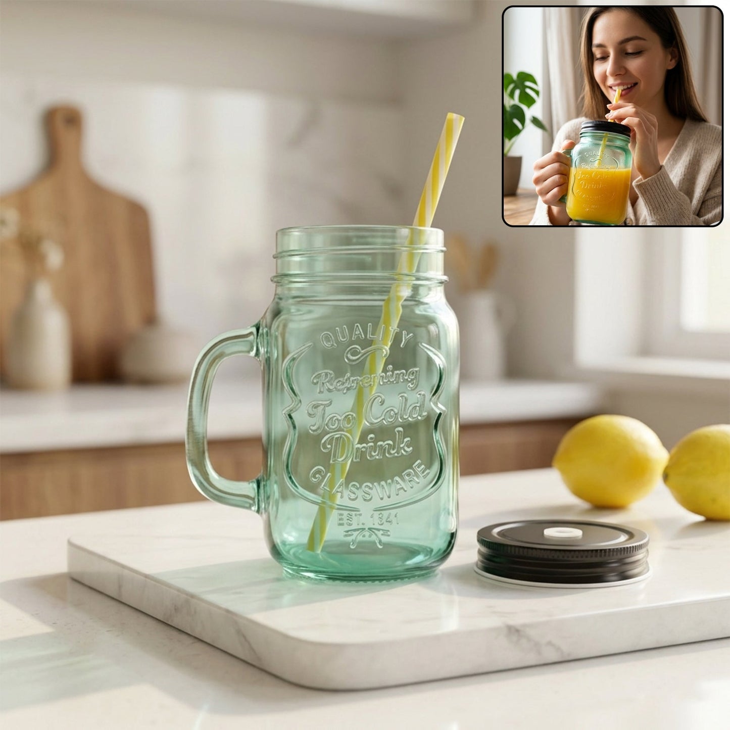 Drinking Cup / Glass / Mug Mason Jar with Handle & Straw