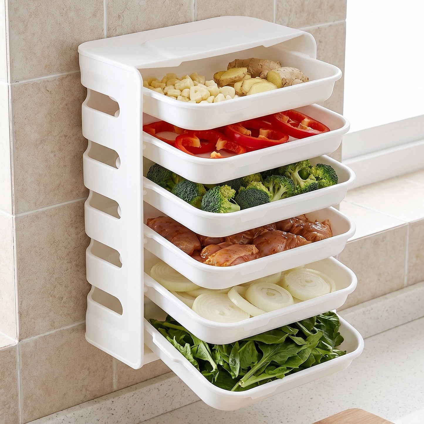 Wall Mount 6-Layer Food Storage Rack – Stackable, Space-Saving Organizer