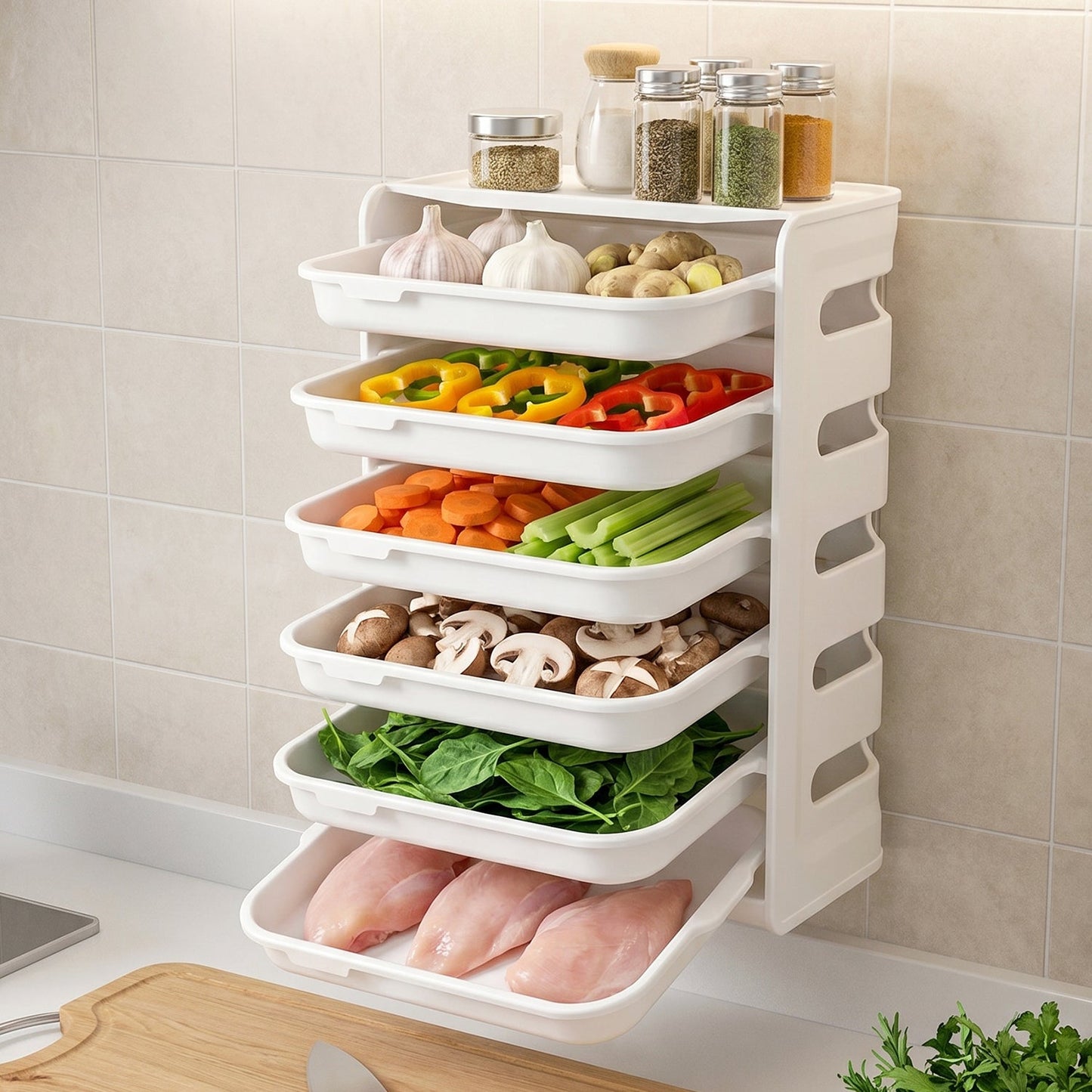 Wall Mount 6-Layer Food Storage Rack – Stackable, Space-Saving Organizer