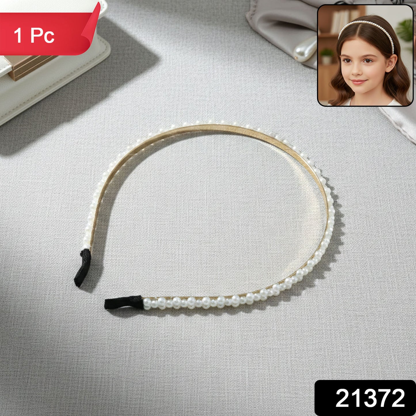 Slim gold tone pearl headband for women