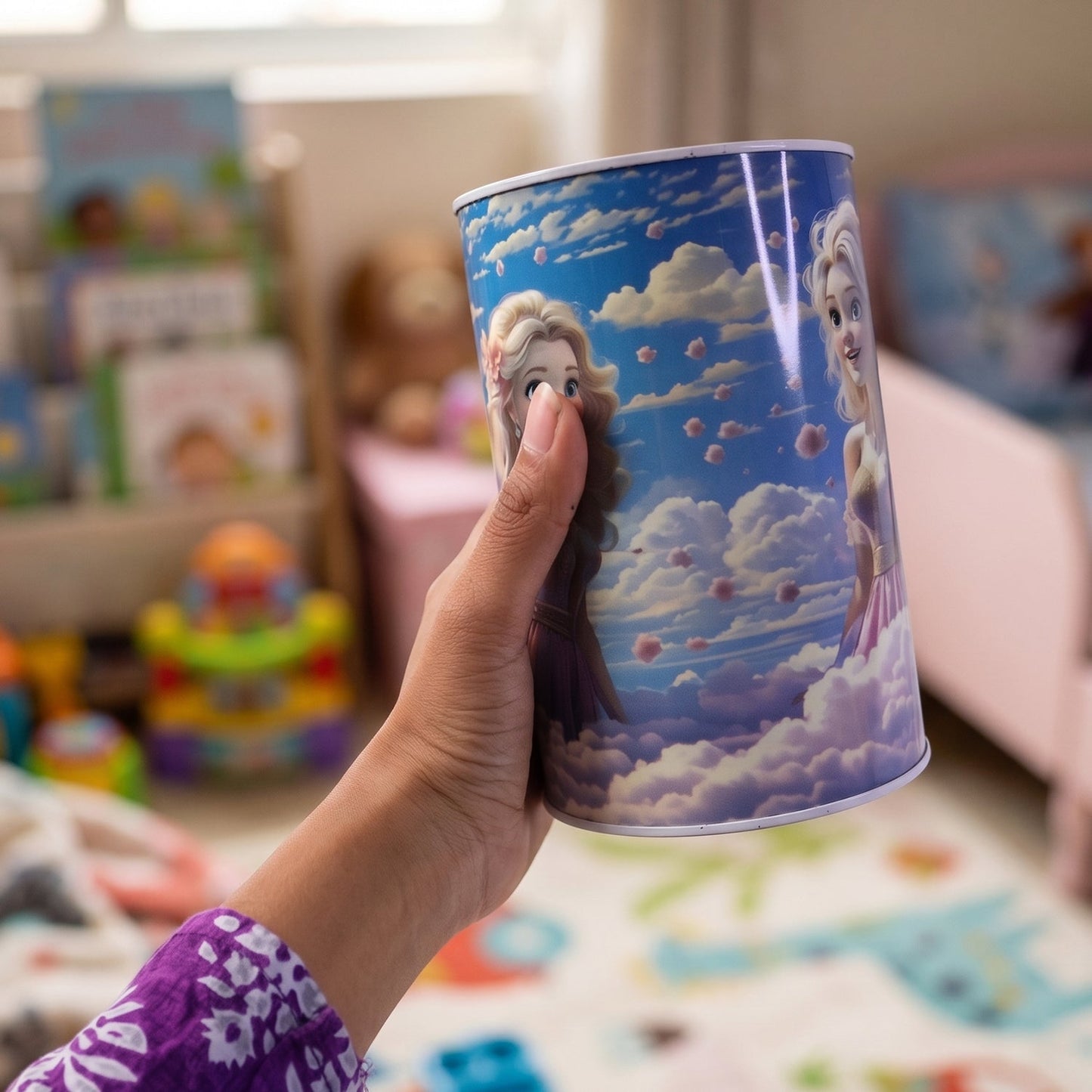 Cartoon Printed Metal Coin Saving Box – 1 Pc Cute Princess Design Money Bank for Kids