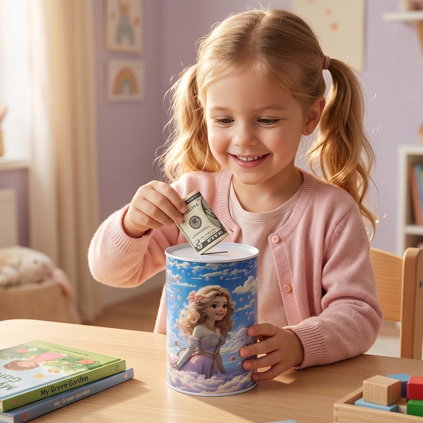 Cartoon Printed Metal Coin Saving Box – 1 Pc Cute Princess Design Money Bank for Kids