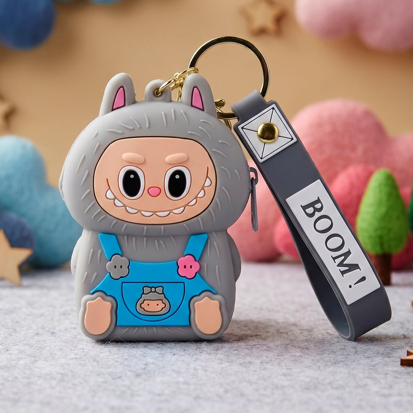 cute style cartoon silicone mini pouch keychain with strap