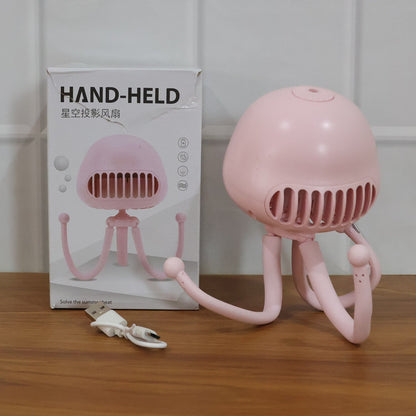 Handheld Mini Fan with LED Star Projector Flexible Tripod Stand (1 Pc)