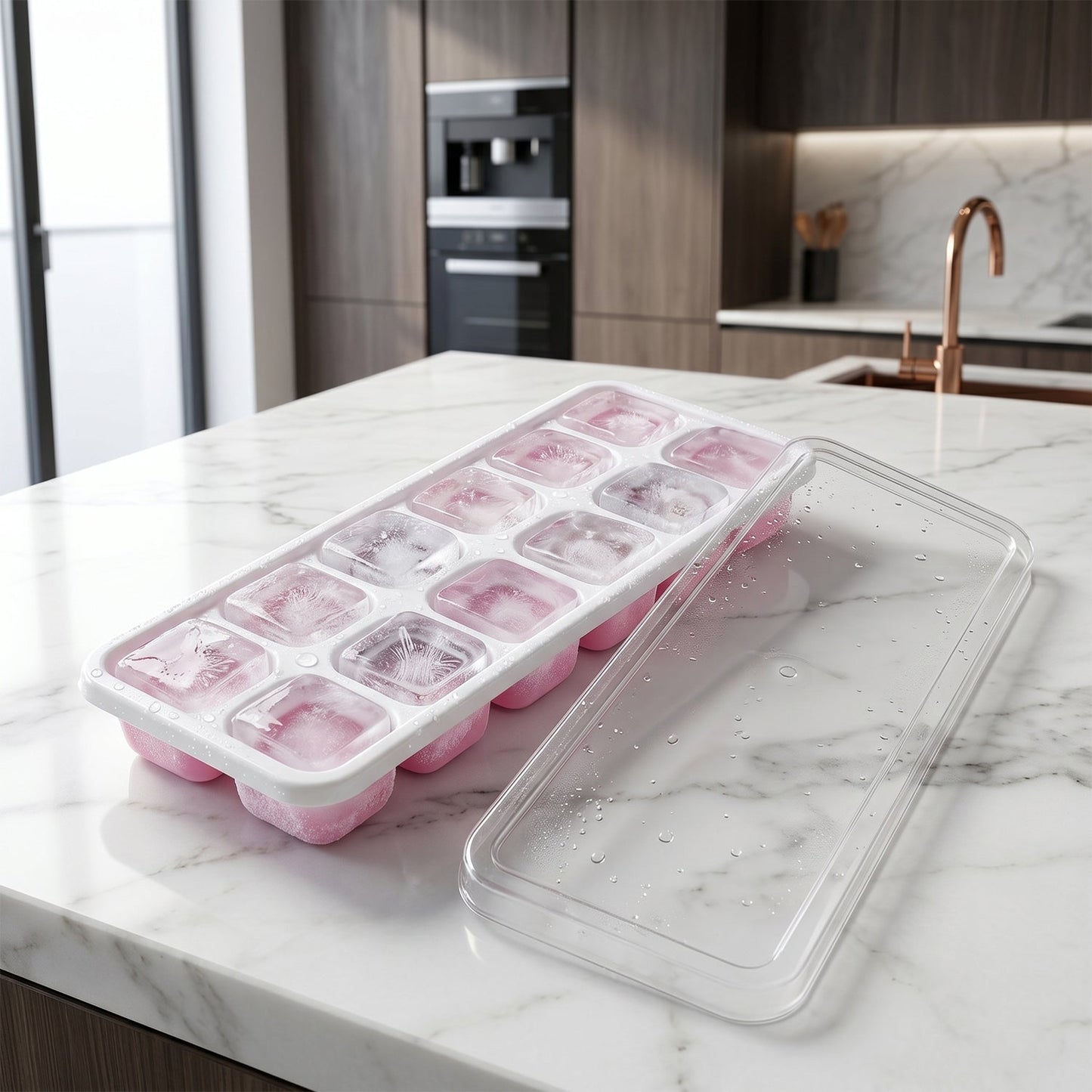 Multipurpose Plastic Ice Cube Tray With Lid (1 Pc, 14 Gride / Pink)