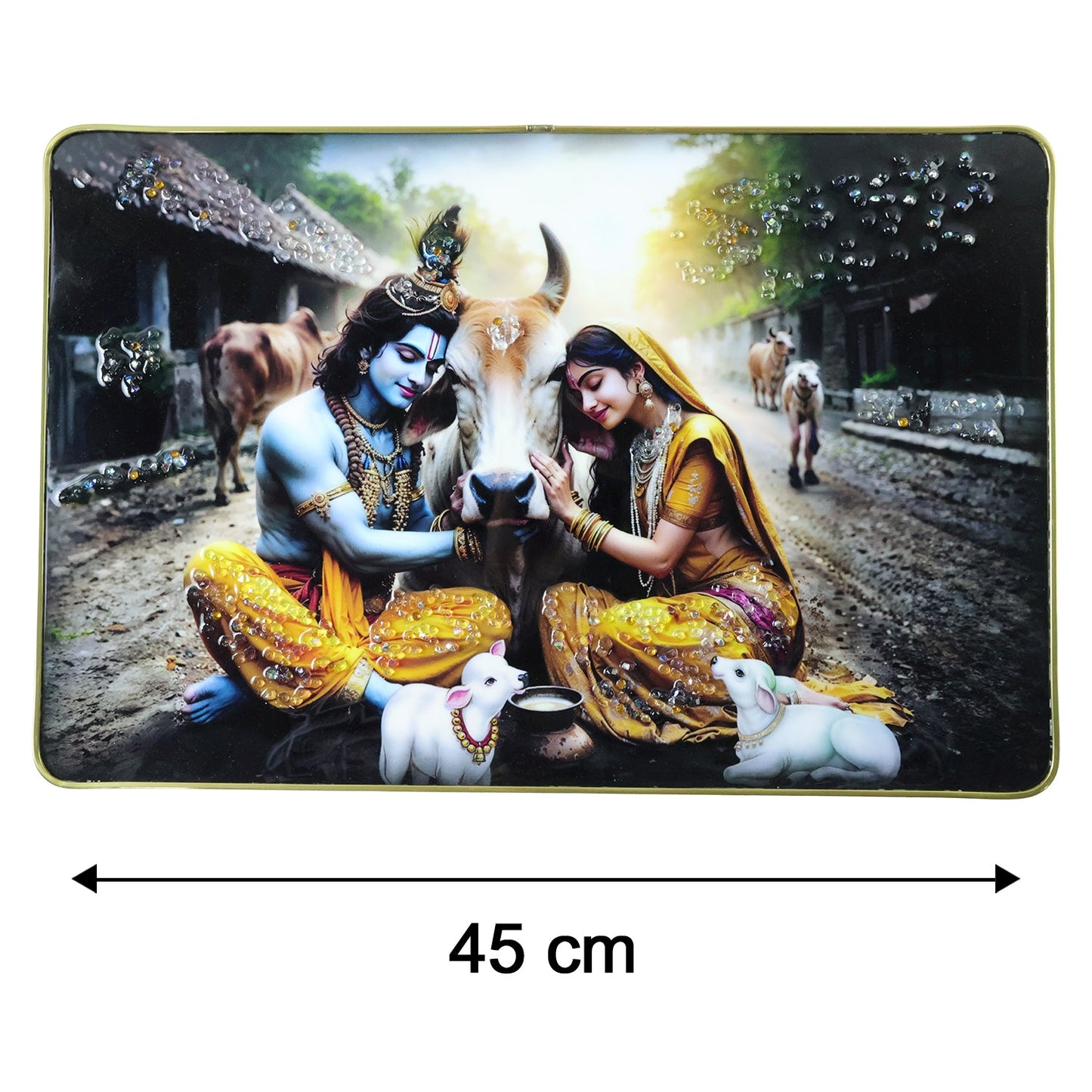 Peaceful Radha Krishna Village Scene Wall Art Frame (1 Pc, 45x30 Cm)