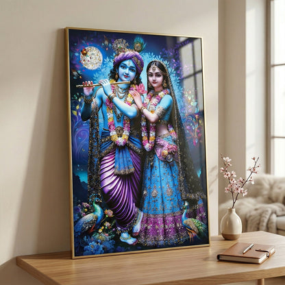 Divine Radha Krishna Full Moon Artistic Wall Frame (1 Pc, 89x58 Cm)