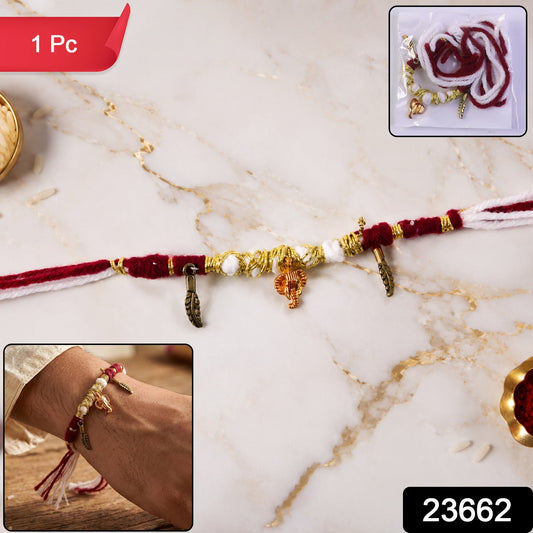 Red White Thread Rakhi with Ganesh Charm