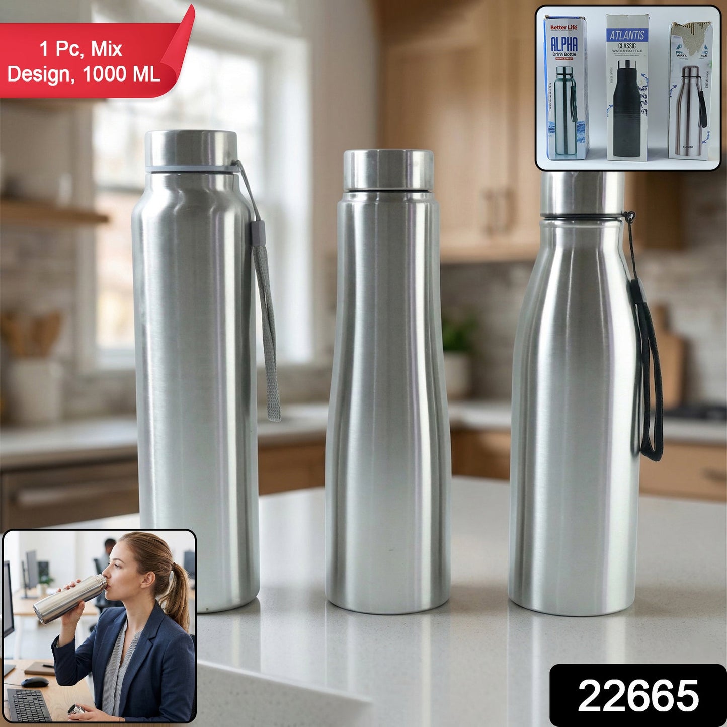 Premium Stainless Steel Water Bottle 1000 ML (1 Pc, 1000ML Approx Mix Design)