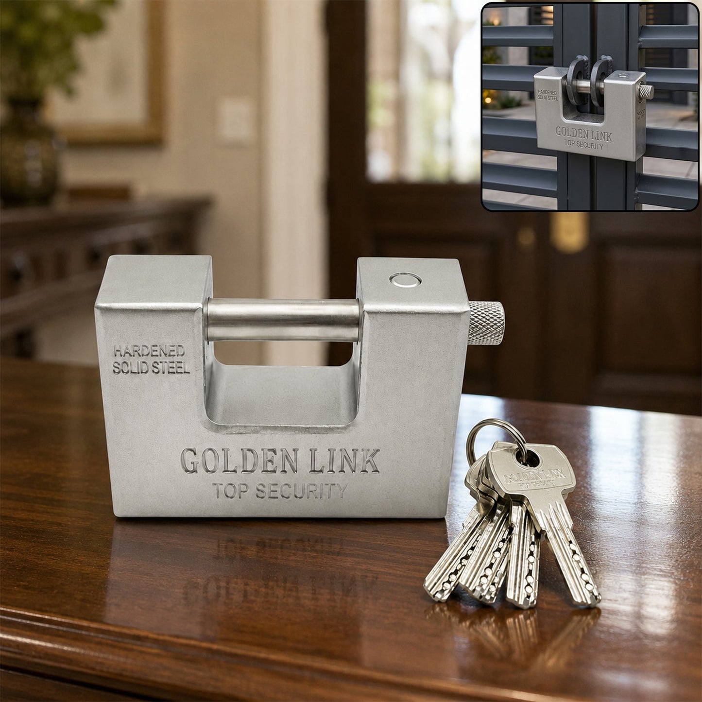 94mm Stainless Steel Padlock: Rectangular, Hardened Steel, 5 Keys
