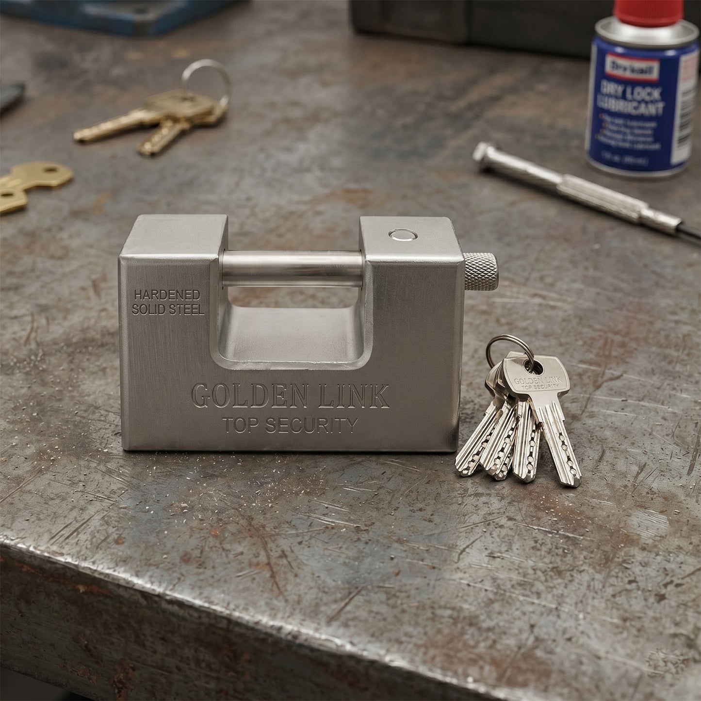 94mm Stainless Steel Padlock: Rectangular, Hardened Steel, 5 Keys