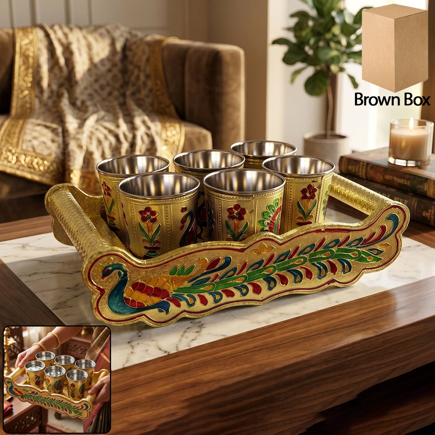 Peacock Design Glass with Handle and Handicraft Serving Tray Set