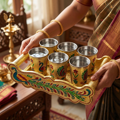 Peacock Design Glass with Handle and Handicraft Serving Tray Set