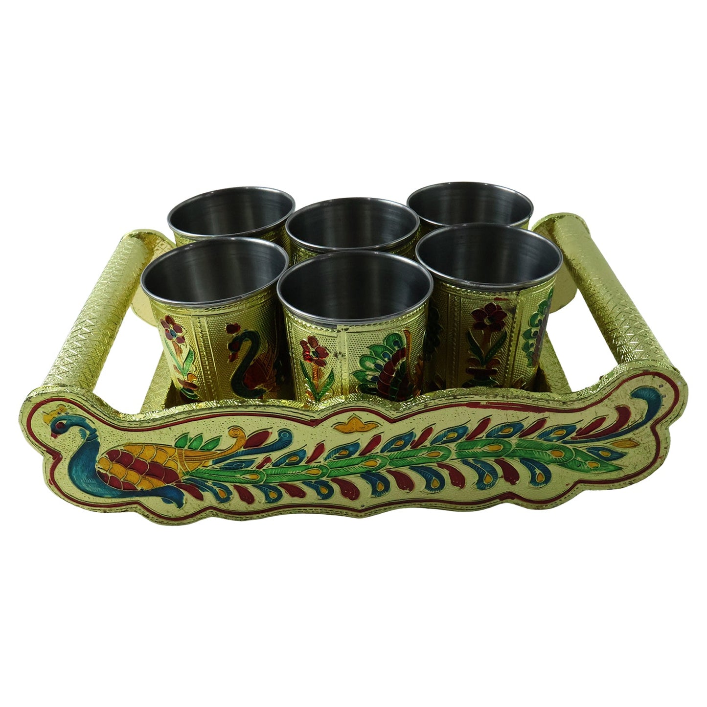 Peacock Design Glass with Handle and Handicraft Serving Tray Set
