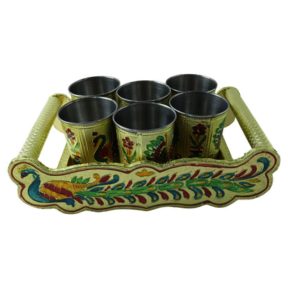 Peacock Design Glass with Handle and Handicraft Serving Tray Set