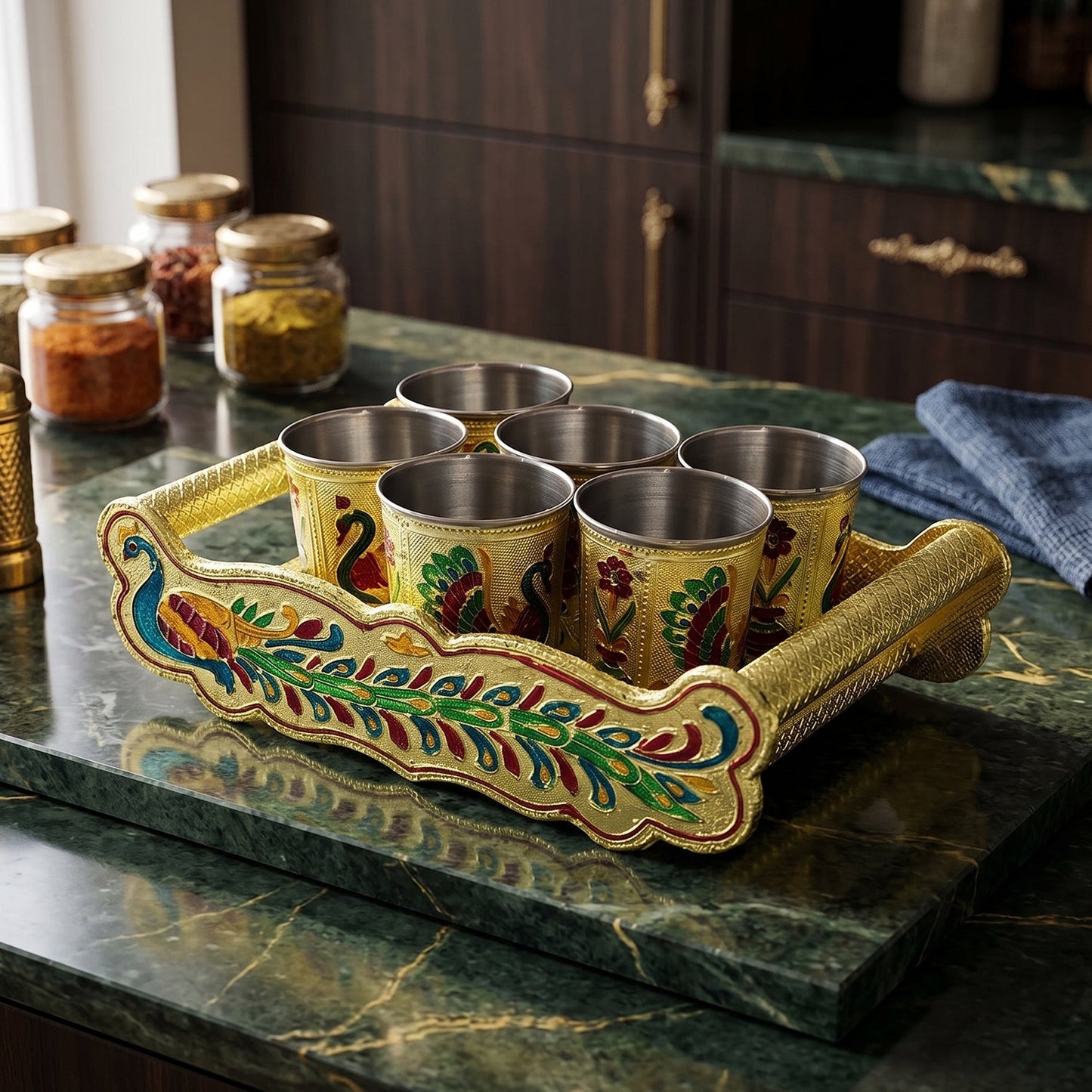 Peacock Design Glass with Handle and Handicraft Serving Tray Set
