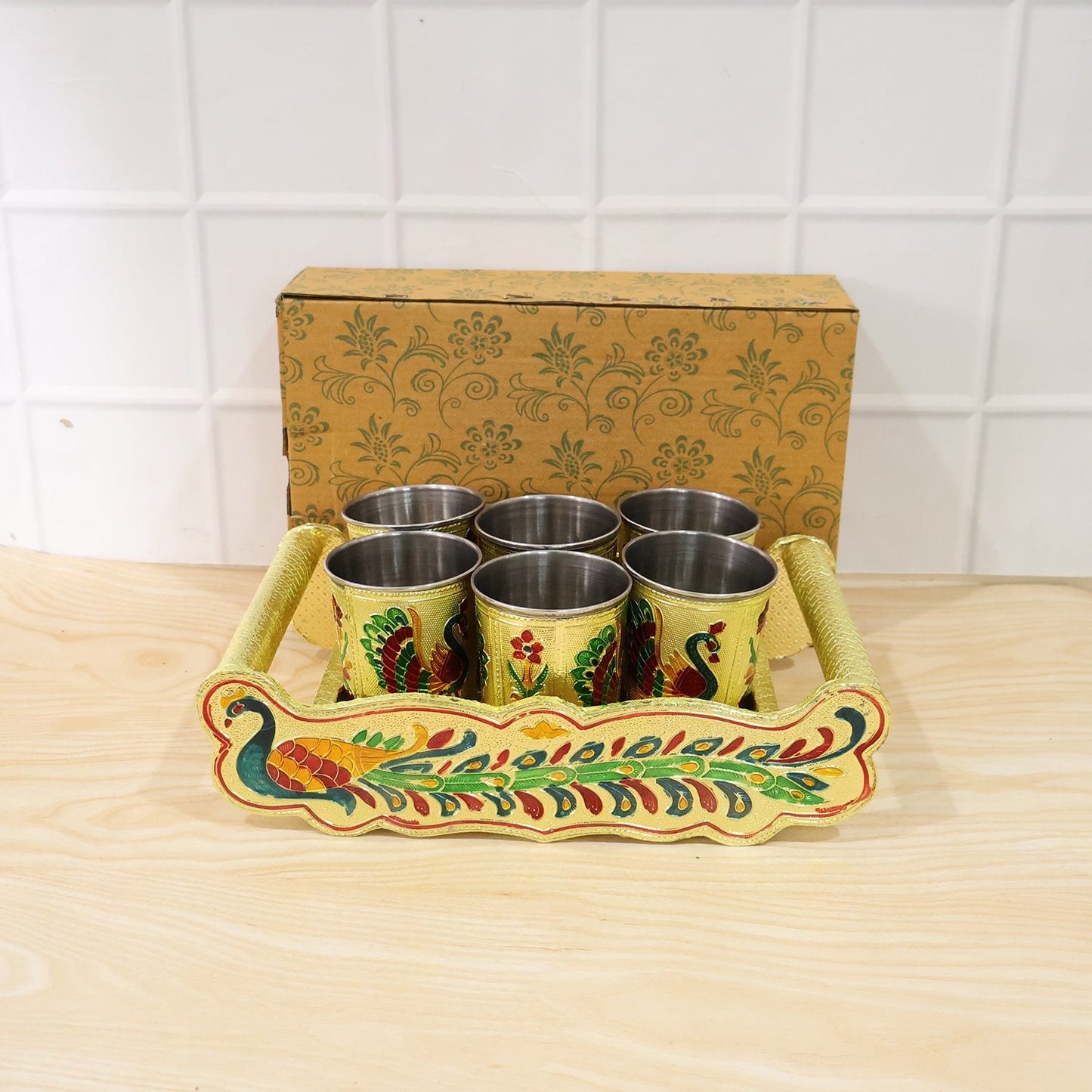 Peacock Design Glass with Handle and Handicraft Serving Tray Set