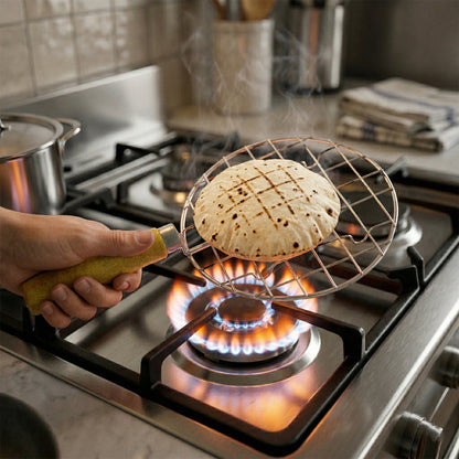 Kitchen Round Stainless Steel Roaster Papad Jali, Barbecue Grill with Wooden Handle