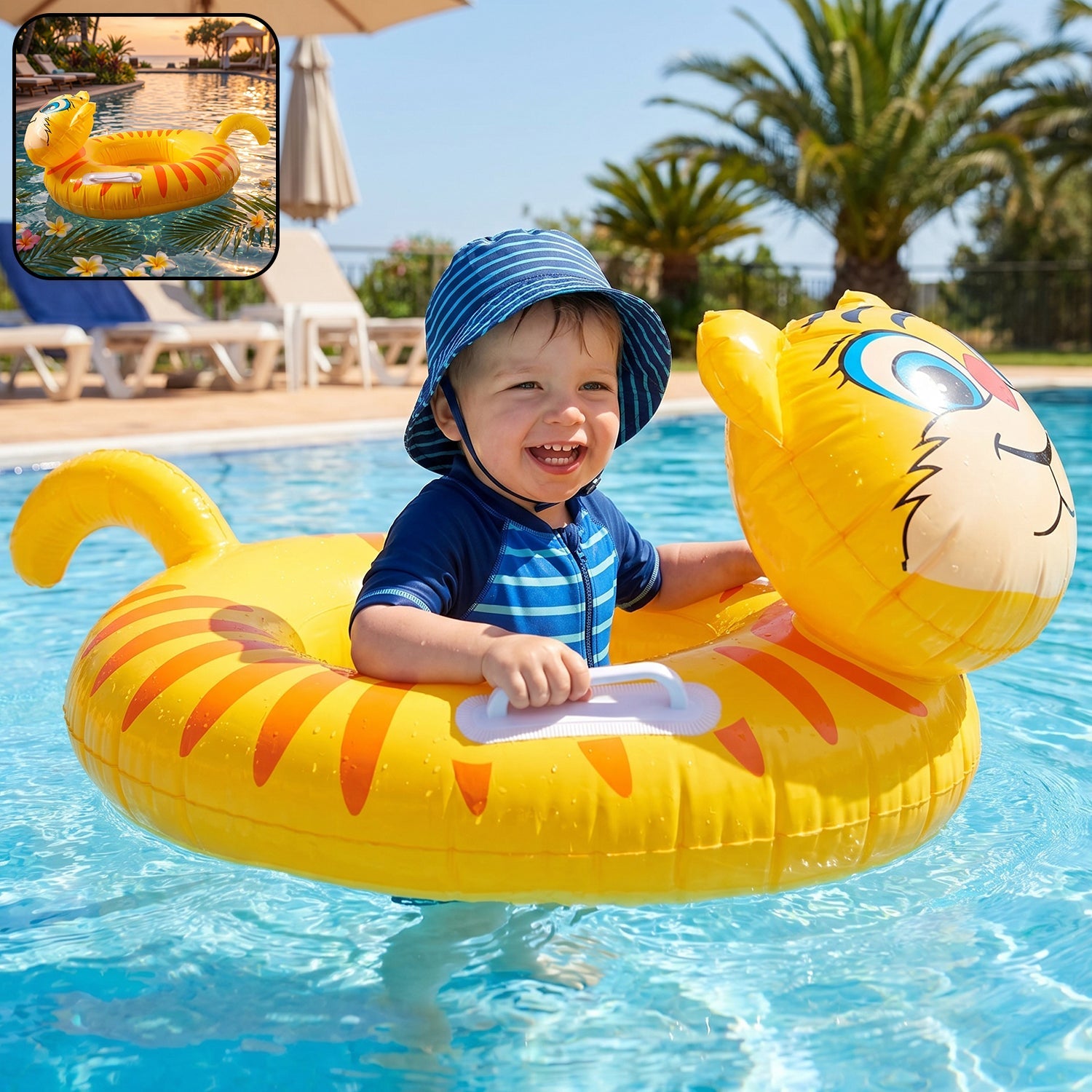 kids inflatable tiger swim ring pool float handle grip
