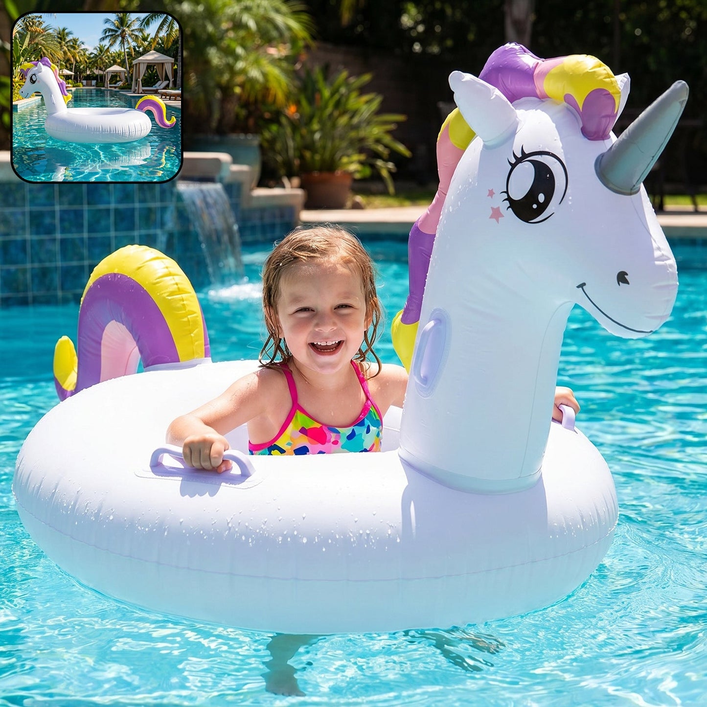 kids inflatable unicorn swim ring pool float safety handles