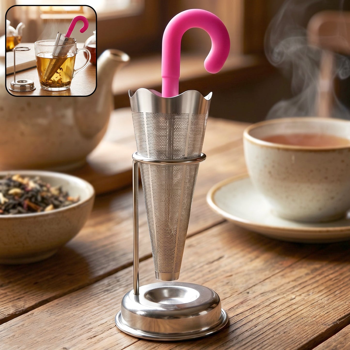Stainless Steel Umbrella Tea Strainer with Stand Drip Tray Reusable Tea Infuser Filter (1 Pc)