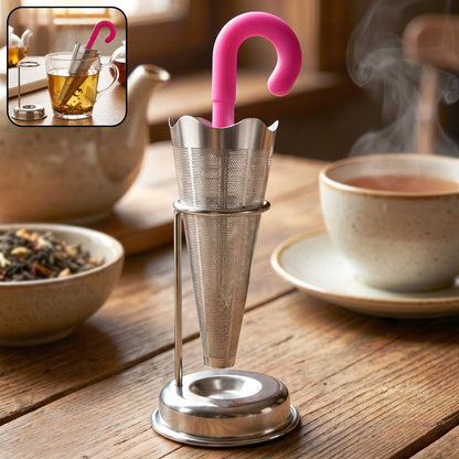Stainless Steel Umbrella Tea Strainer with Stand Drip Tray Reusable Tea Infuser Filter (1 Pc)