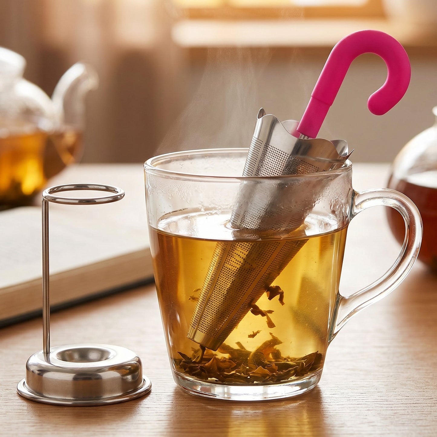 Stainless Steel Umbrella Tea Strainer with Stand Drip Tray Reusable Tea Infuser Filter (1 Pc)