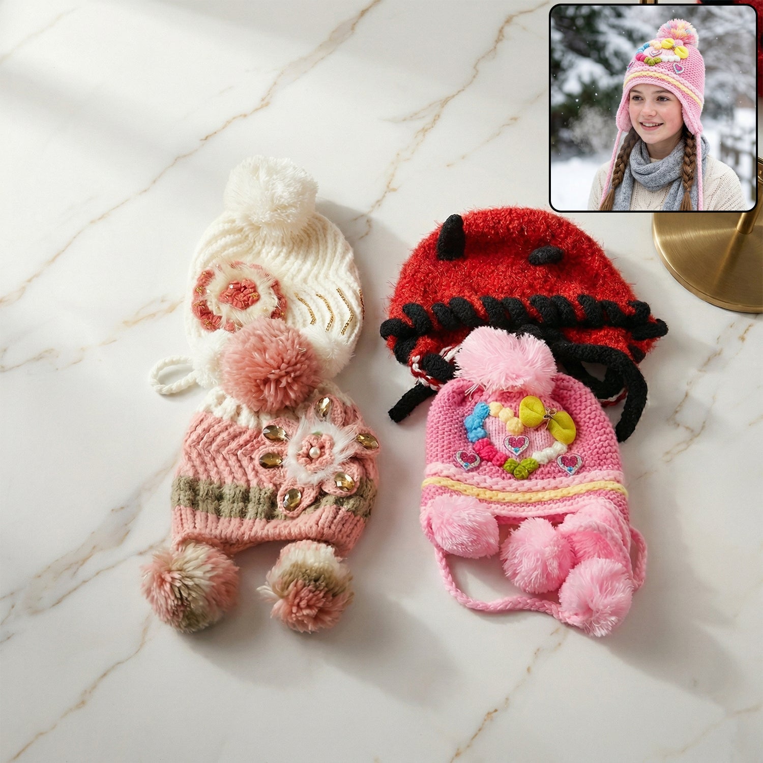 warm winter cap for children with pom pom design