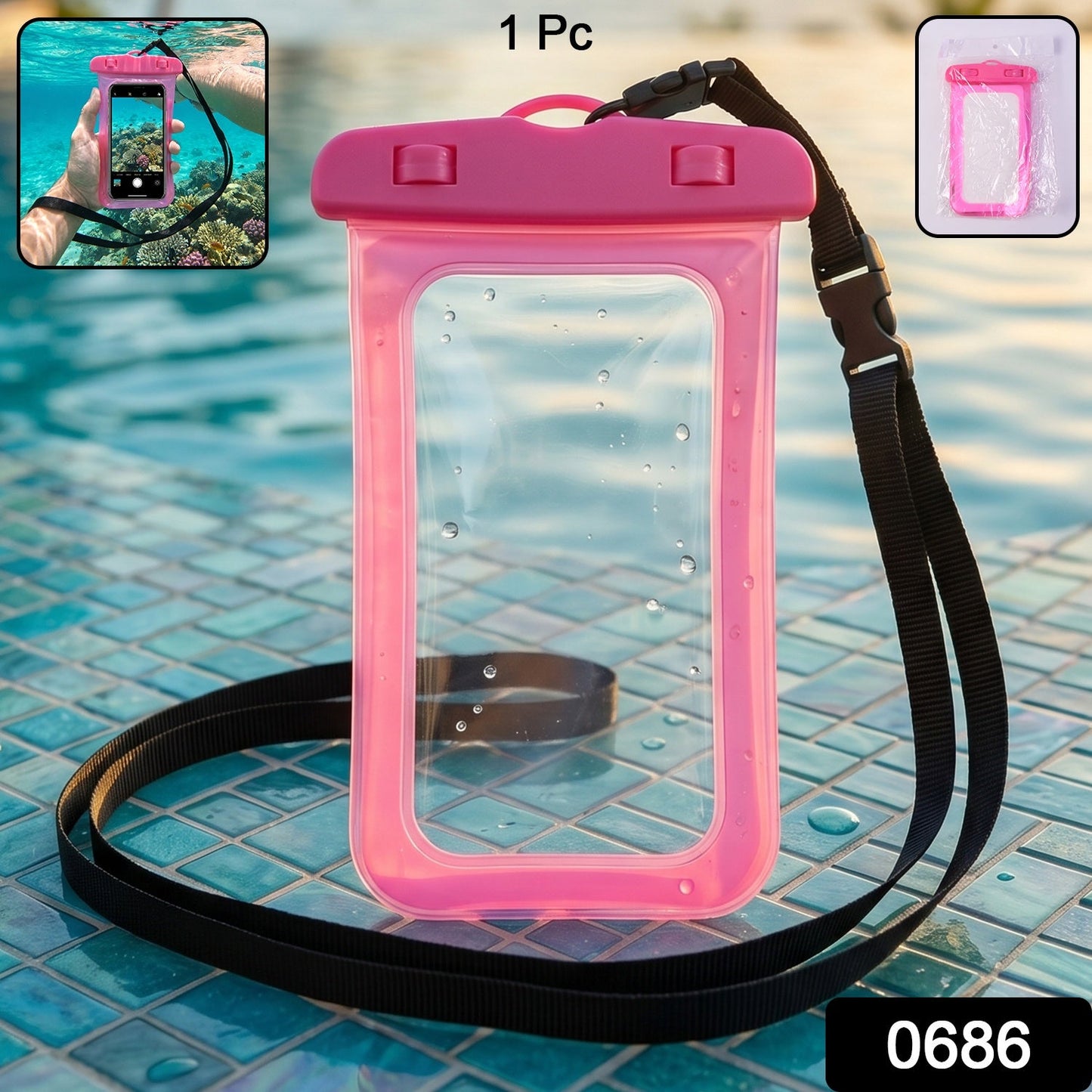 Pink waterproof mobile pouch SKU labeled