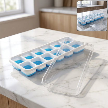 Multipurpose Plastic Ice Cube Tray With Lid (1 Pc, 14 Gride / Blue)