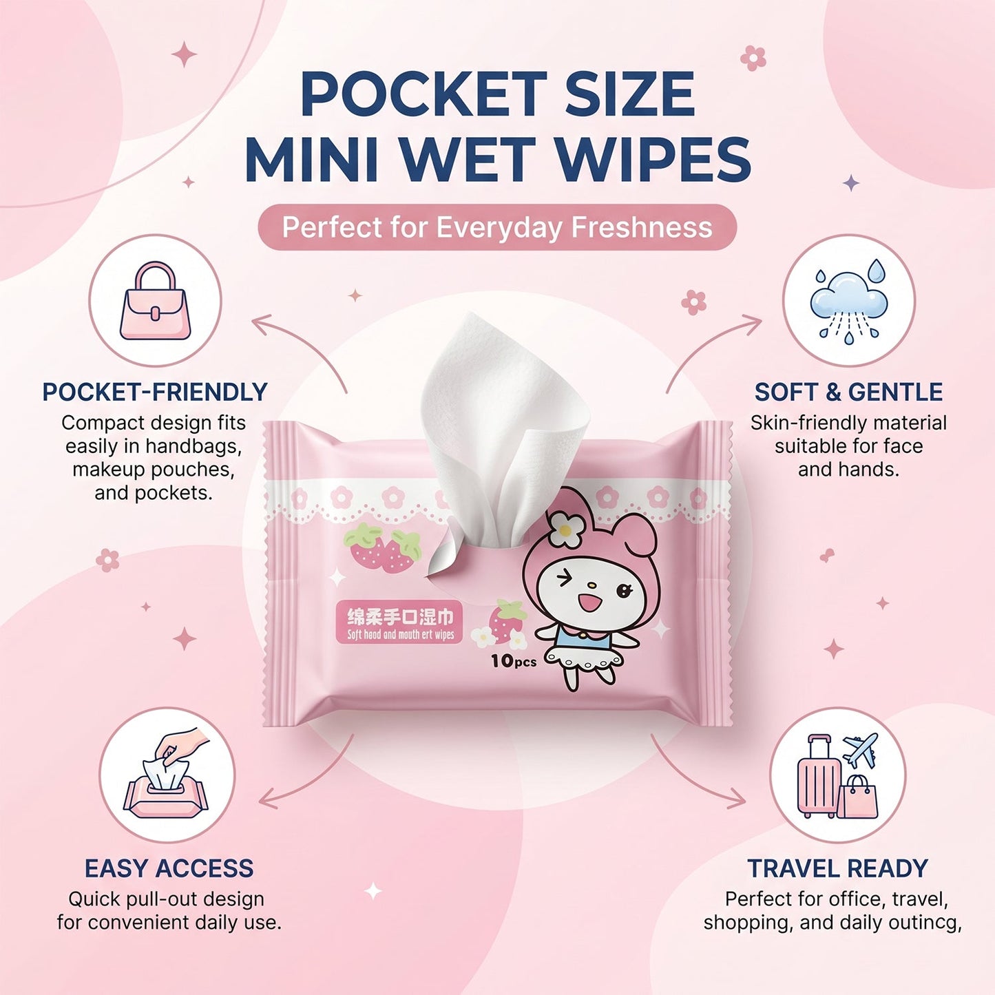Cartoon Printed Soft Wet Wipes Pack 10 Pc (1 Pack x 10 Pc)