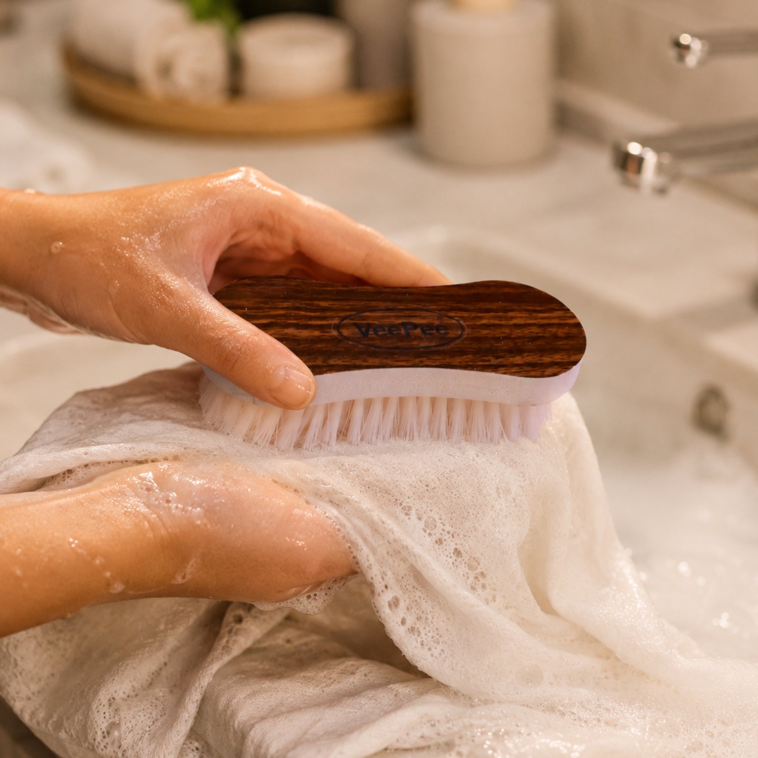 Curved Brush Washing in Bathroom Sink