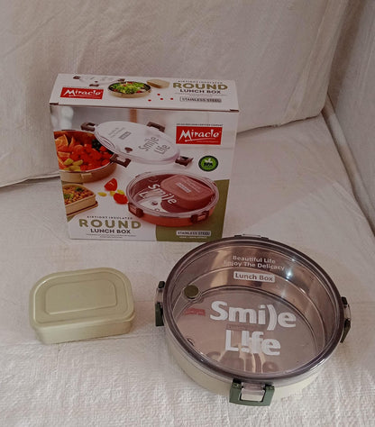 Miracle Stainless Steel Round Lunch Box (450 ML + 250 ML Approx)