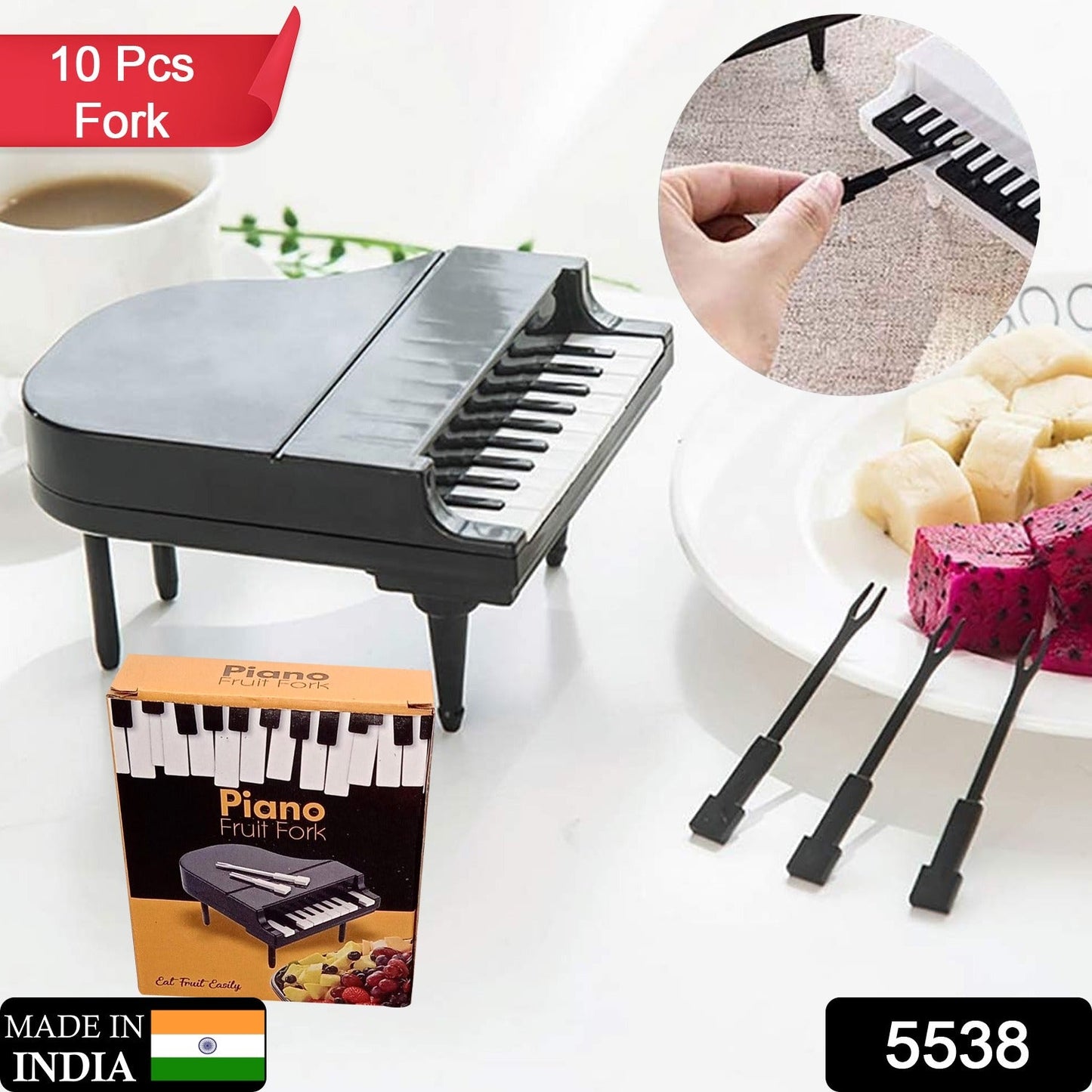 Colorful fruit forks set with piano design.