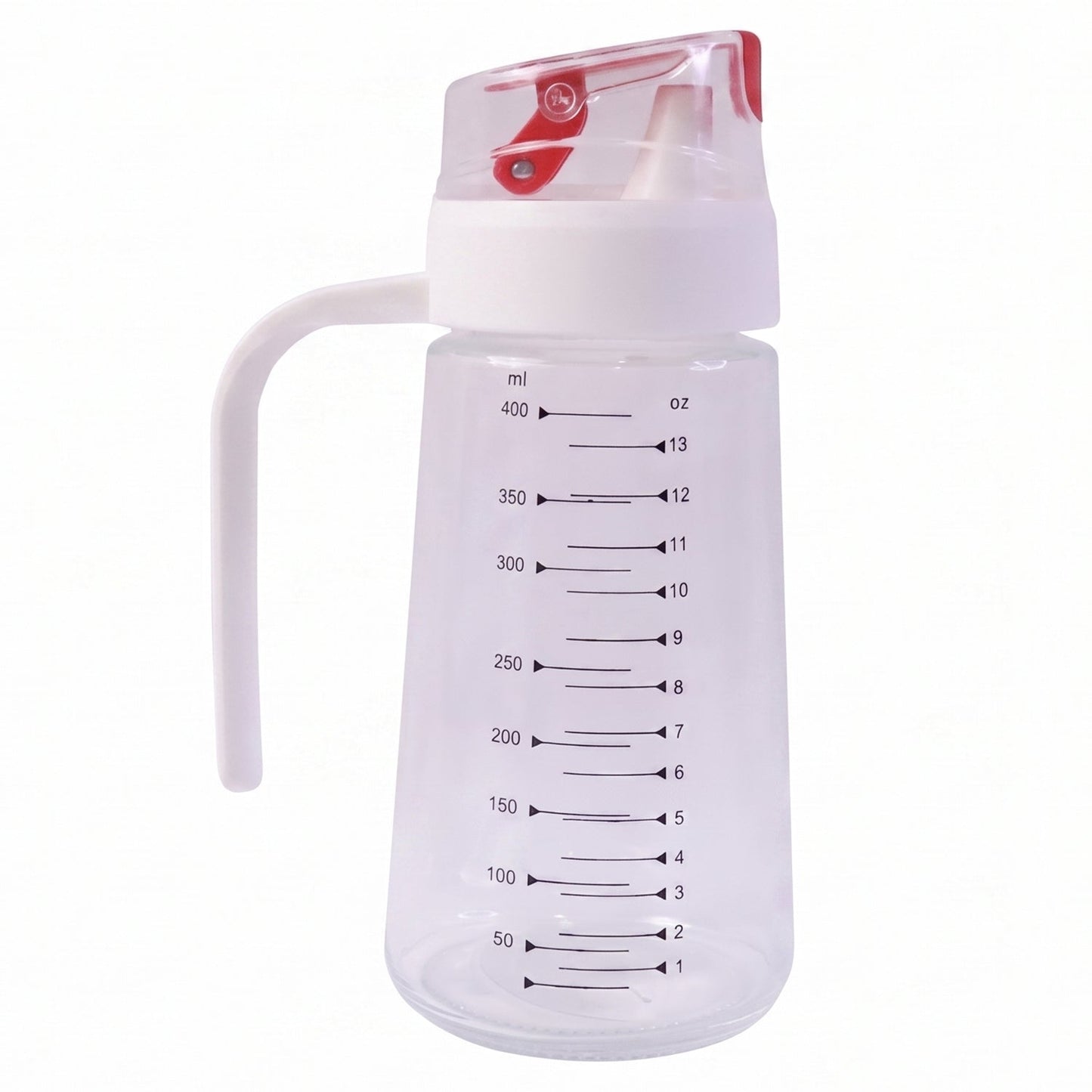 500ml Clear Glass Oil Dispenser Bottle with White Side Handle, Red Auto-Flip Lid and Printed ml and oz Measurement Scale on White Background