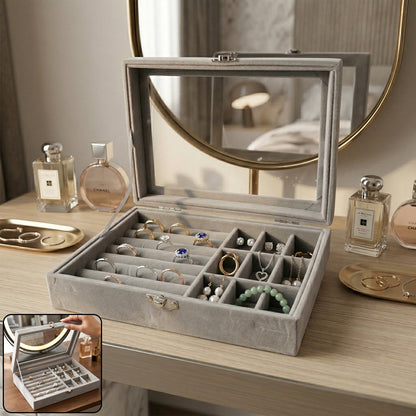 Premium velvet jewellery organizer box with transparent lid multi-compartment India