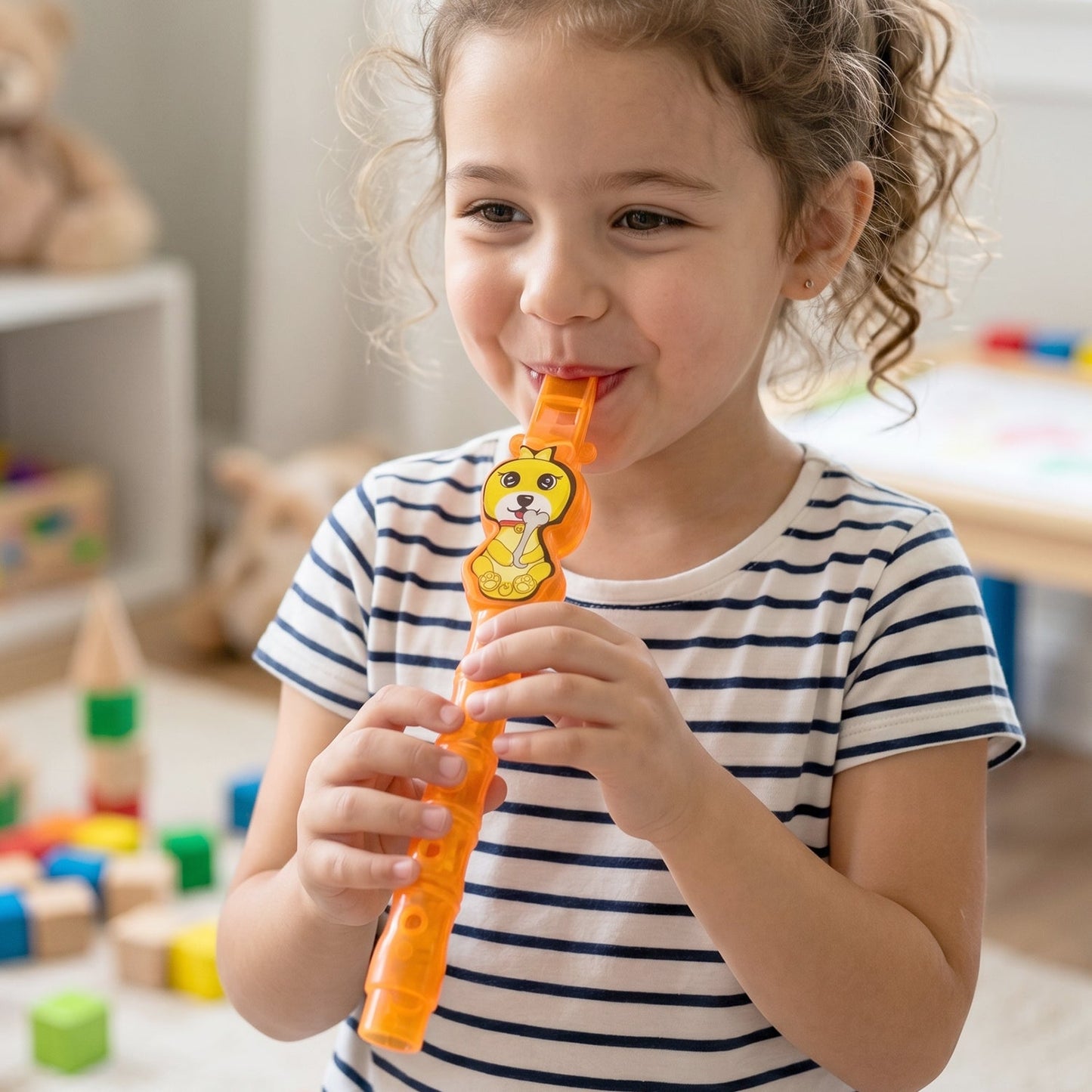 Kids Toothbrush with Cute Cartoon Whistle Toy Set (2 Pc Set)