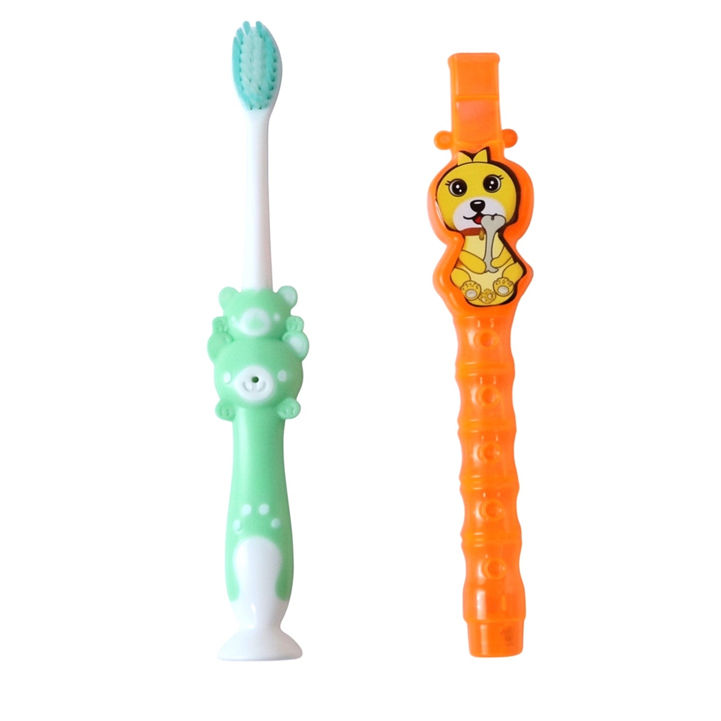 Kids Toothbrush with Cute Cartoon Whistle Toy Set (2 Pc Set)