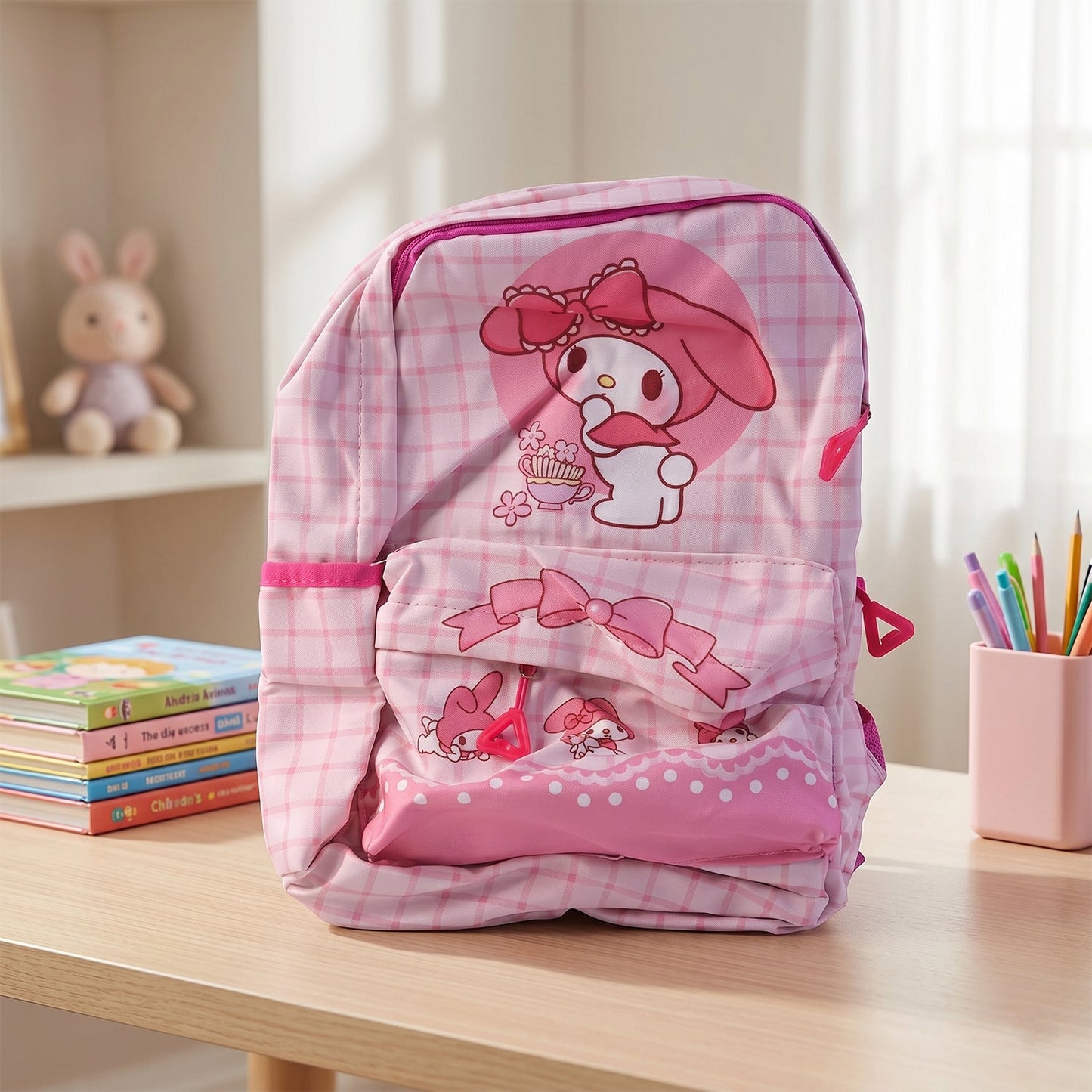 Cute Bow and Bunny Design Backpack – (1 Pc, 13 Inch)