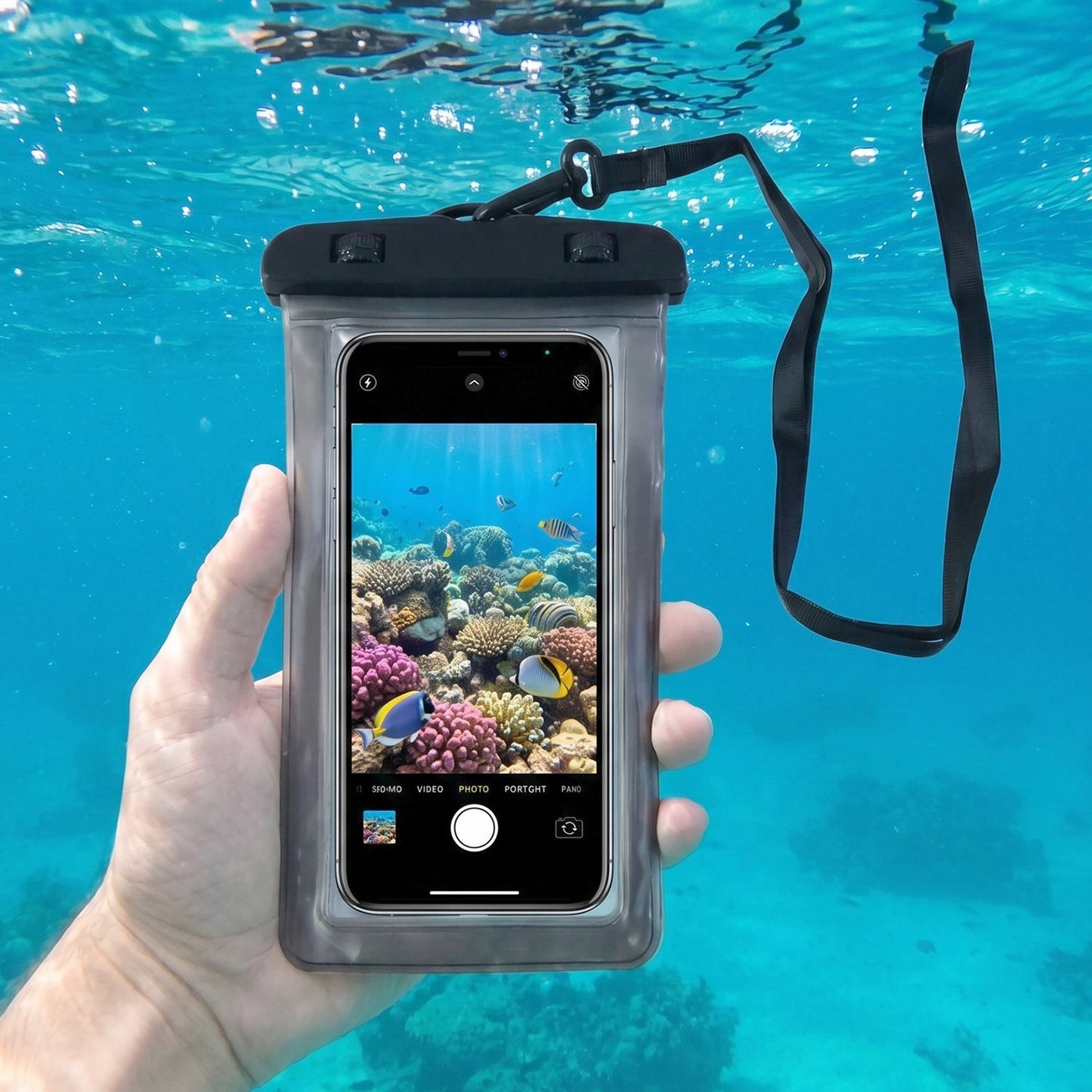Black waterproof case with neck lanyard