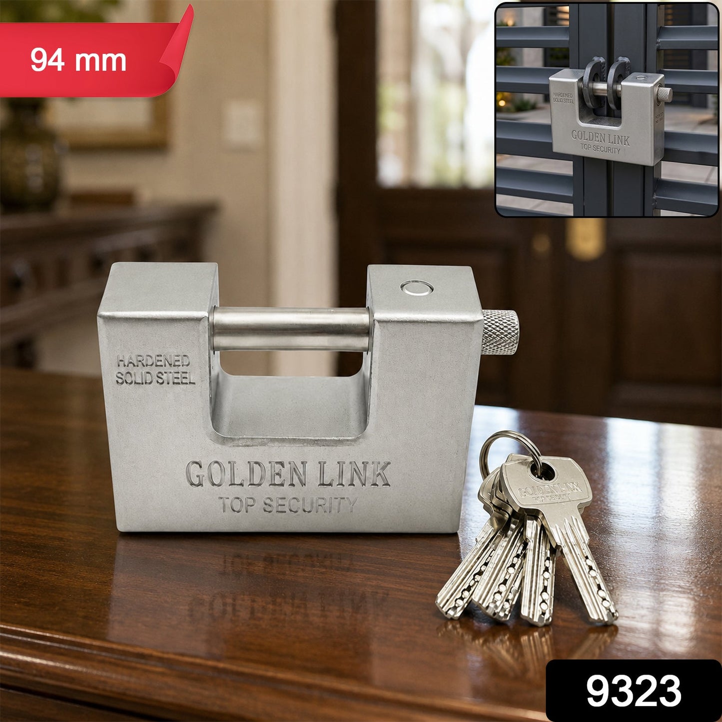 94mm Stainless Steel Padlock: Rectangular, Hardened Steel, 5 Keys