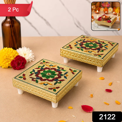 Handicraft Wood Chowki for Pooja , Wooden Bajot (2 Pc / Mix Descign & Color)