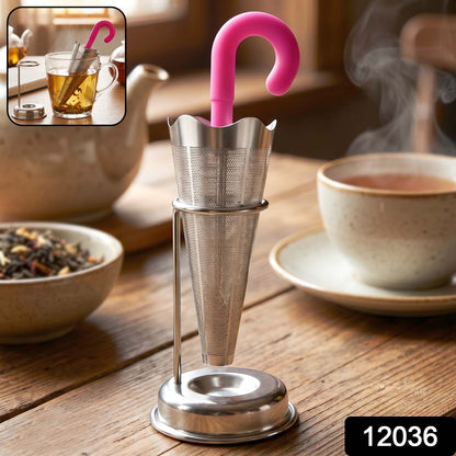 Stainless Steel Umbrella Tea Strainer with Stand Drip Tray Reusable Tea Infuser Filter (1 Pc)